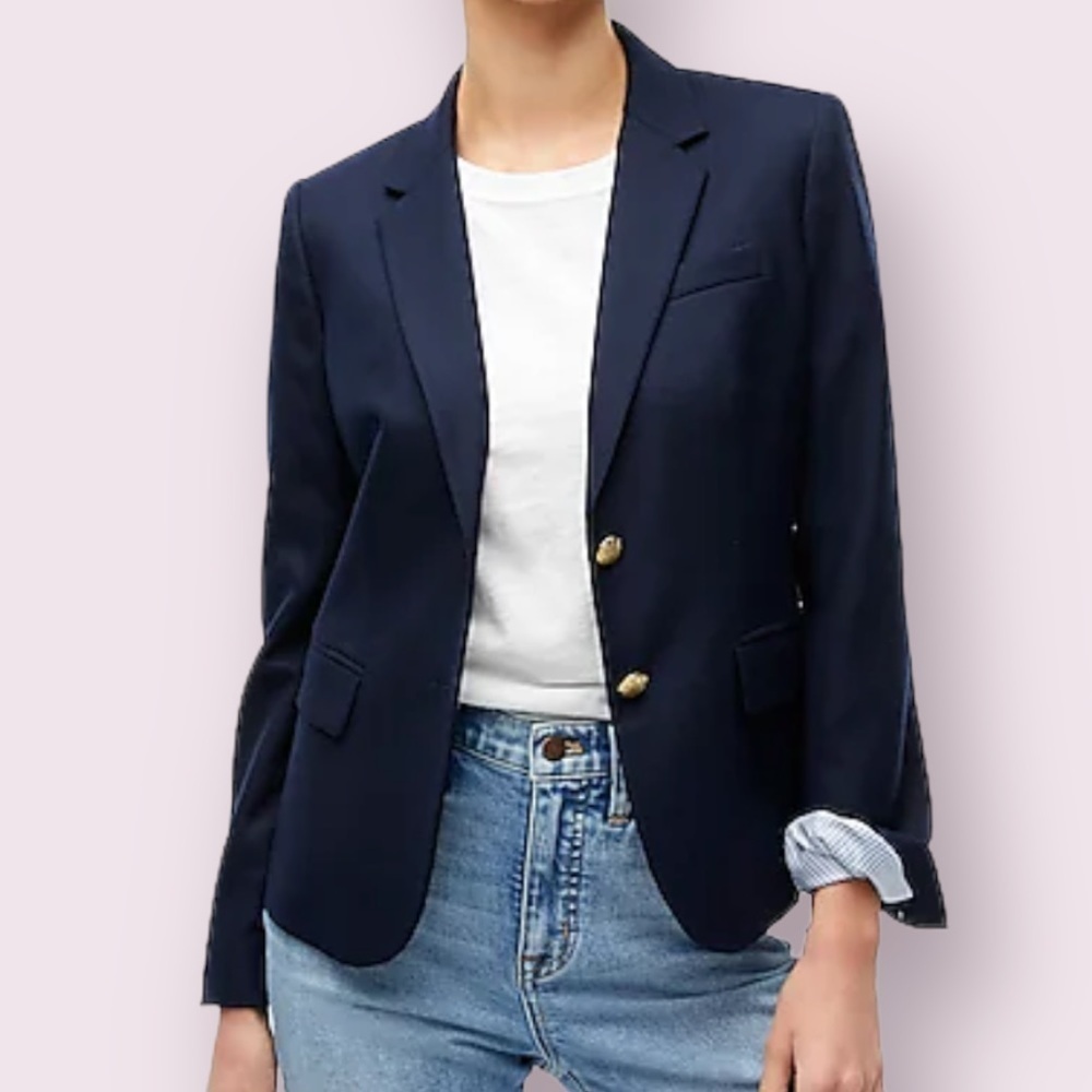 𝅺j. Crew Factory Womens Wool Blend Gold Buttons Schoolboy Navy Blazer Size 0 - Picture 2 of 15